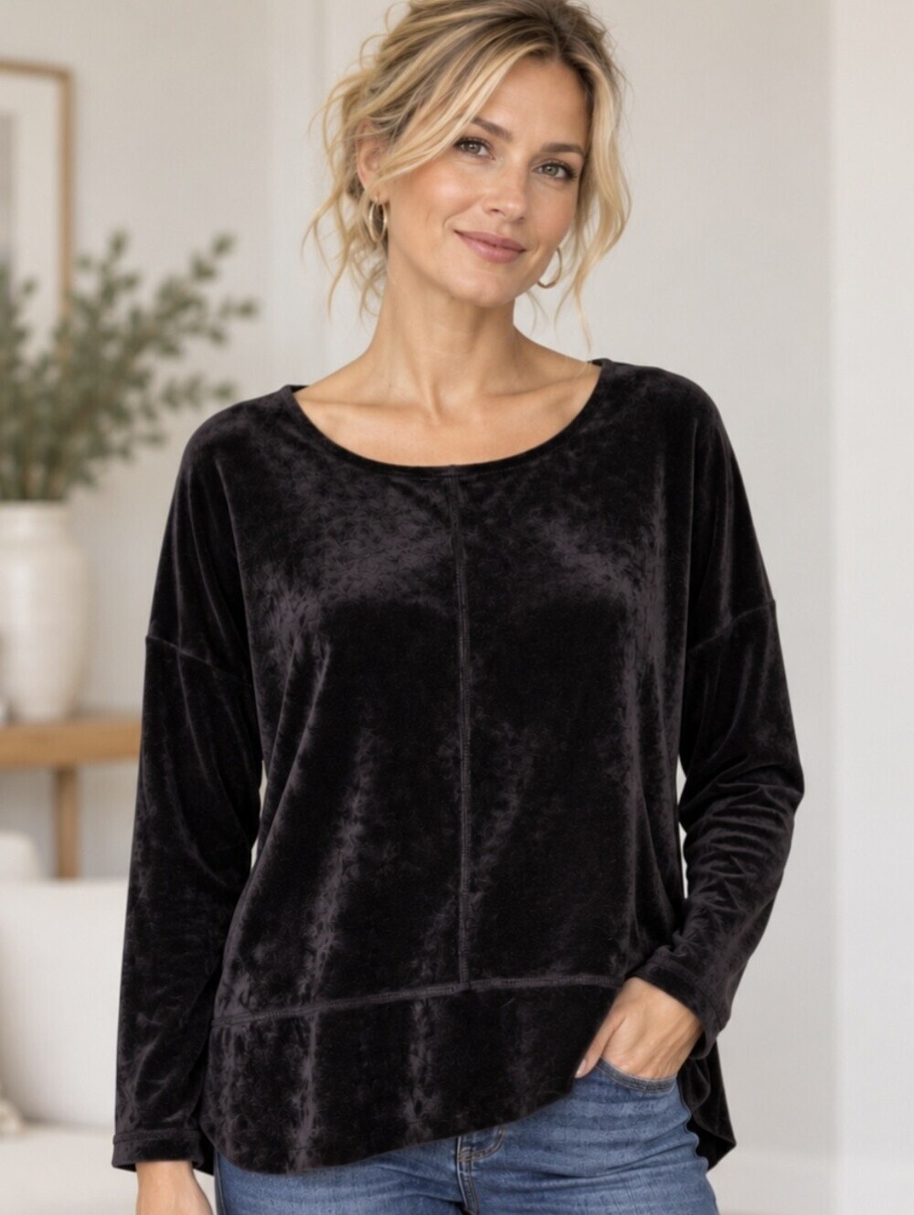 SnoSkins Black Velour Top Oversized Boxy Stretch Long Sleeve L USA